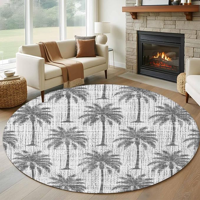 Washable Round Area Rug Summer Palm Tree Retro Linen Circle Rugs Floor Carpet for Living Room Bedroom, Tropical Gray Botanical Soft Non Slip Round Rug 5ft