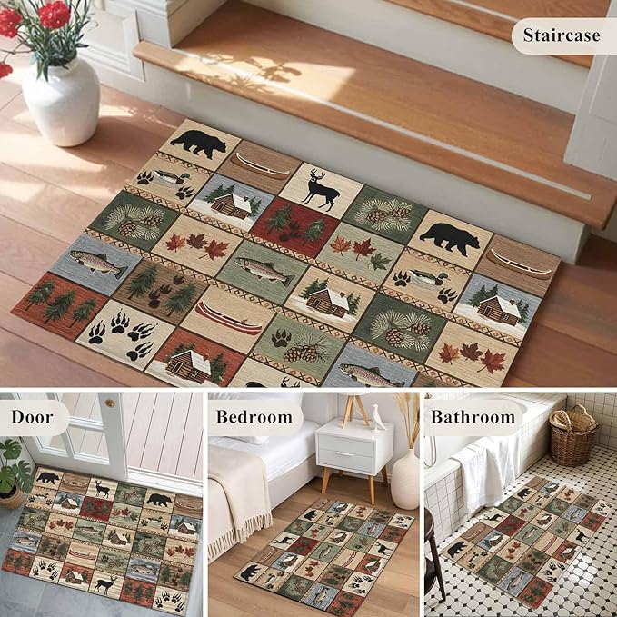 Area Rug 2x3ft, Vintage Bear Forest Deer Fish Village Washable Rugs for Living Room Bedroom, Retro Wildlife Themes Soft Non-Slip Area Rugs Rectangle Floor Carpet for Dining Room