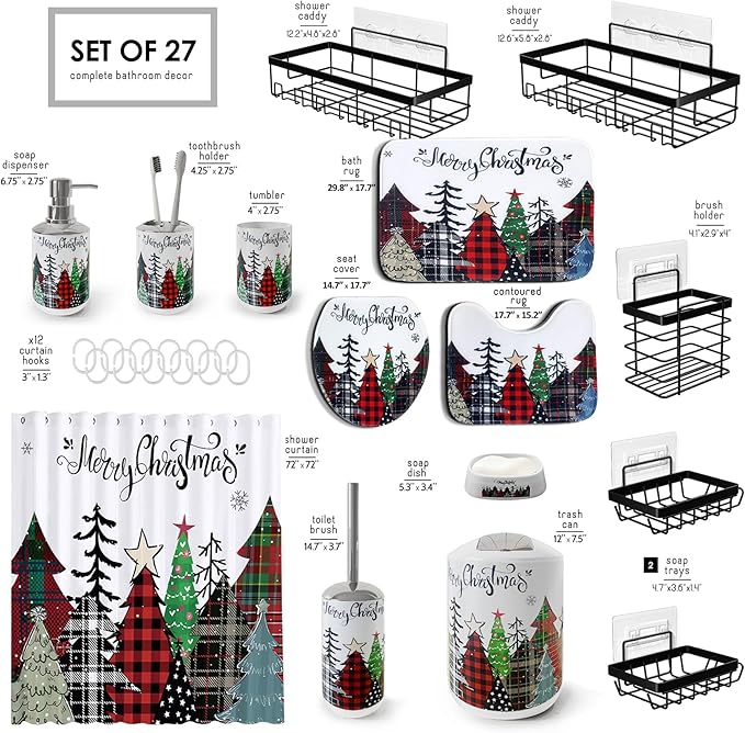 Clara Clark Bathroom Accessories Set - Christmas Shower Curtain Set, 27PC Xmas Bathroom Set with Adhesive Corner Shower Caddy Hanging, Christmas Bathroom Sets with Shower Curtain and Rugs