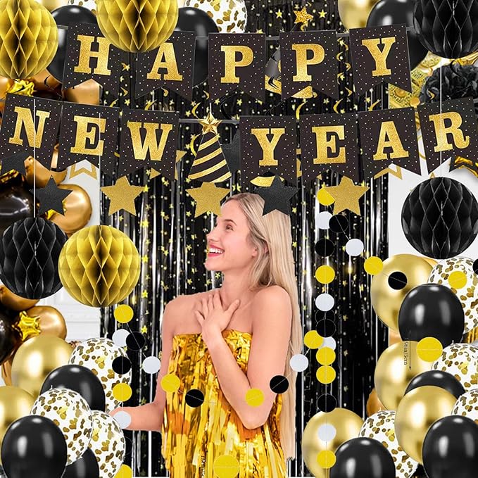 New Year's Eve Party Supplies 2026 - Happy New Year Banner, Balloons, Star Foil Streamers and Dot Garlant with Black Gold Honeycomb Ball Backdrop for 2026 New Year Decorations