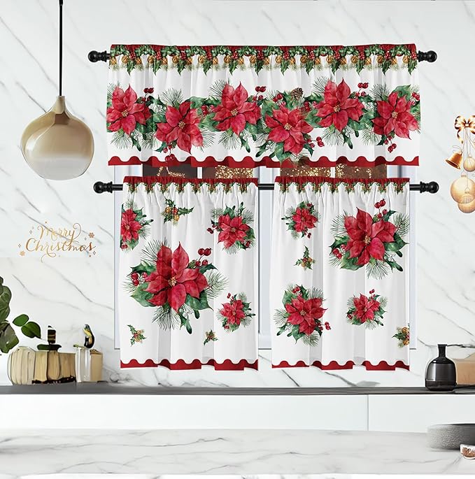 Christmas Poinsettia Curtain Valances Set, Red and Green Rod Pocket Festive Xmas Decor for Kitchen, Bedroom, Bathroom, Laundry Short Curtains 52Lx18W inch 36Lx26W inchx2, 3 Panel Set