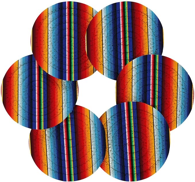 YETTASBIN Mexican Blanket Stripes 6 Pcs Drink Coasters with Holder, Cotton Woven Absorbent Heat-Resistant Round Coaster Non-Slip Table Mat for Kitchen Bar Home Decor Housewarming Gift, 3.9 in