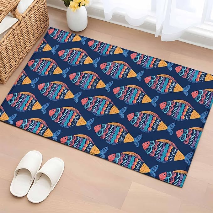 Area Rug 2x3ft, Ethnic Style Ocean Fish Washable Rugs for Living Room Bedroom, Watercolor Marine Life on Navy Blue Soft Non-Slip Area Rugs Rectangle Floor Carpet for Dining Room