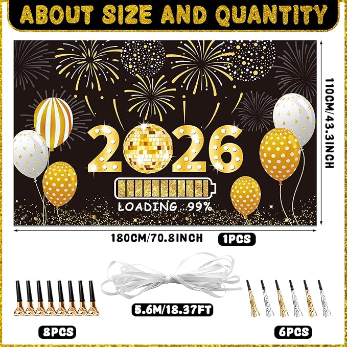 2026 New Year Eve Party Supplies for 24 Guests - New Years Decorations Black Gold, Large Happy New Year 2026 Banner , Glitter Cone Hats , Welcome Banner, Headwear, Eyeglasses and Party Blowers