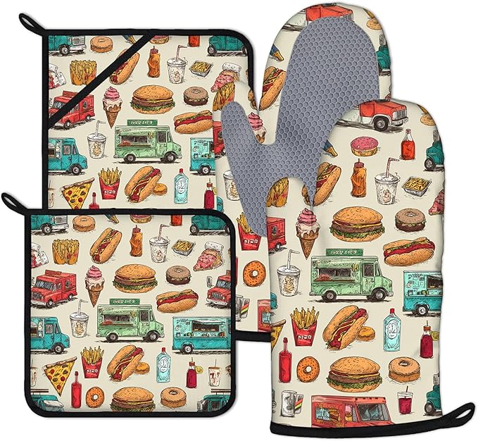 Funny Trucks Oven Mitts and Pot Holders Sets 4Pcs Fast Food Snacks Silicone Kitchen Gloves Heat Resistant Potholders for Baking Cooking Grilling BBQ