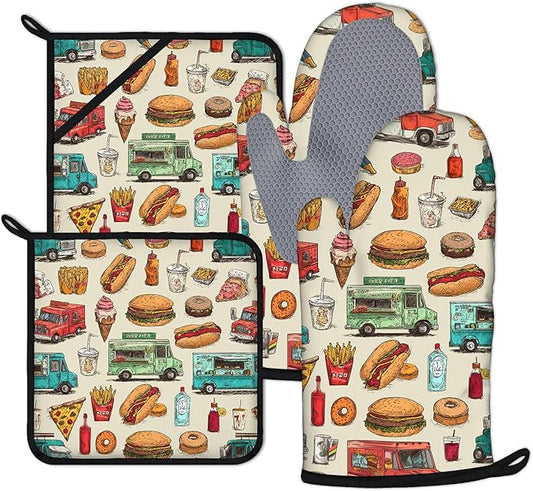Funny Trucks Oven Mitts and Pot Holders Sets 4Pcs Fast Food Snacks Silicone Kitchen Gloves Heat Resistant Potholders for Baking Cooking Grilling BBQ