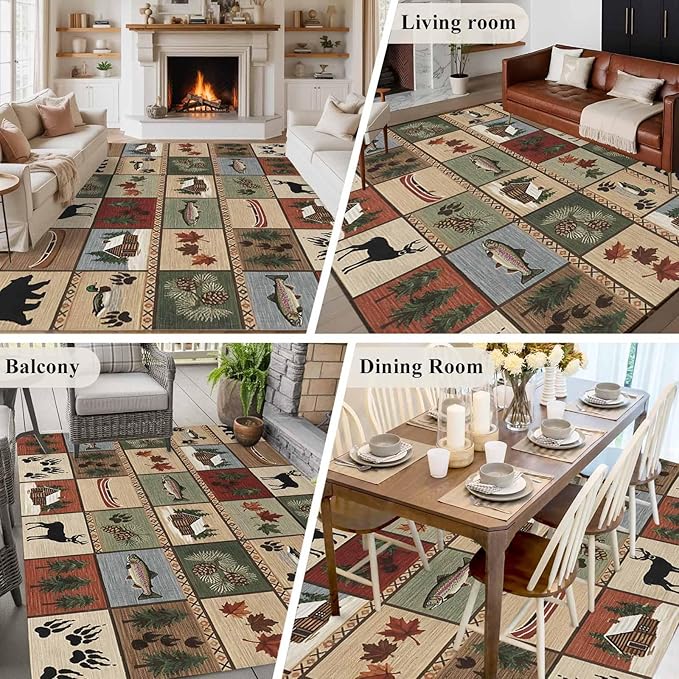 Area Rug 6x9ft, Vintage Bear Forest Deer Fish Village Washable Rugs for Living Room Bedroom, Retro Wildlife Themes Soft Non-Slip Area Rugs Rectangle Floor Carpet for Dining Room