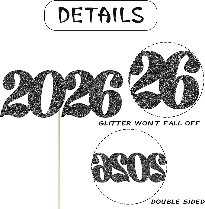 12pcs Black Glitter 2026 Number Centerpiece Sticks Congrats Party Decorations for Table Class of 2026 Graduation Centerpieces for Hello 2026 Christmas New Year Eve Party Supplies