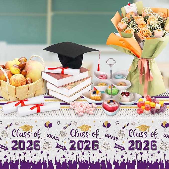 Graduation Decorations Class of 2026 Tablecloth - 3 Pcs Plastic Congrats Grad Table Cloth, Graduation Table Cover for Graduations Party Decorations 2026 and Party Supplies, 54"x108" (Purple and Gold)