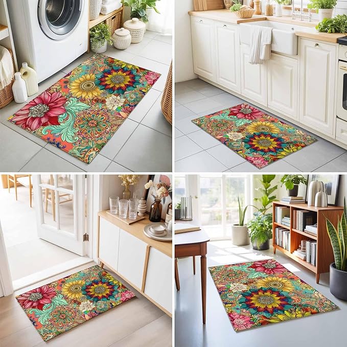 Area Rug 2x3ft, Boho Colorful Blossom Flower Washable Rugs for Living Room Bedroom, Country Retro Ethnic Floral Soft Non-Slip Area Rugs Rectangle Floor Carpet for Dining Room