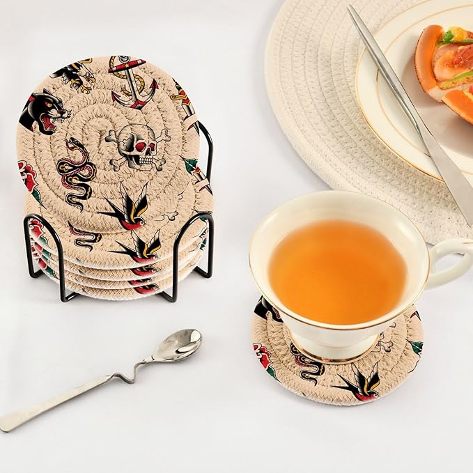 YETTASBIN Old School Tattoo 6 Pcs Drink Coasters with Holder, Cotton Woven Absorbent Heat-Resistant Round Coaster Non-Slip Table Mat for Kitchen Bar Home Decor Housewarming Gift, 3.9 in