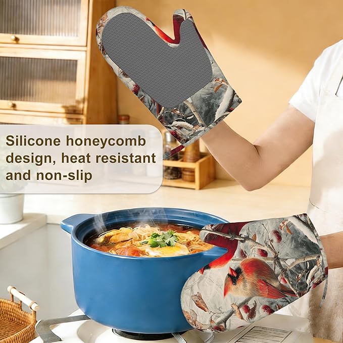 Red Cardinal Birds Winter Oven Mitts and Pot Holders Sets of 4,Heat Resistant Silicone Oven Mitts Gloves Non-Slip Kitchen Mittens Potholders for Cooking Baking Grilling BBQ