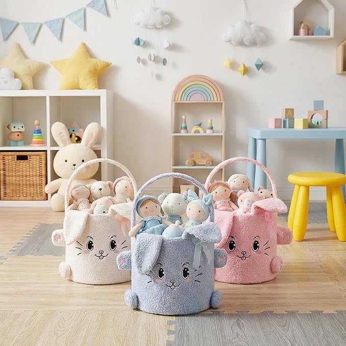 Mimorou 3 Pack Easter Basket Soft Plush Bunny Sherpa Personalized Bucket with Rabbit Ears Decorative Bow Large Bunny Tote Bags Ideal for Egg Hunt, Party Favors(White Pink and Blue)