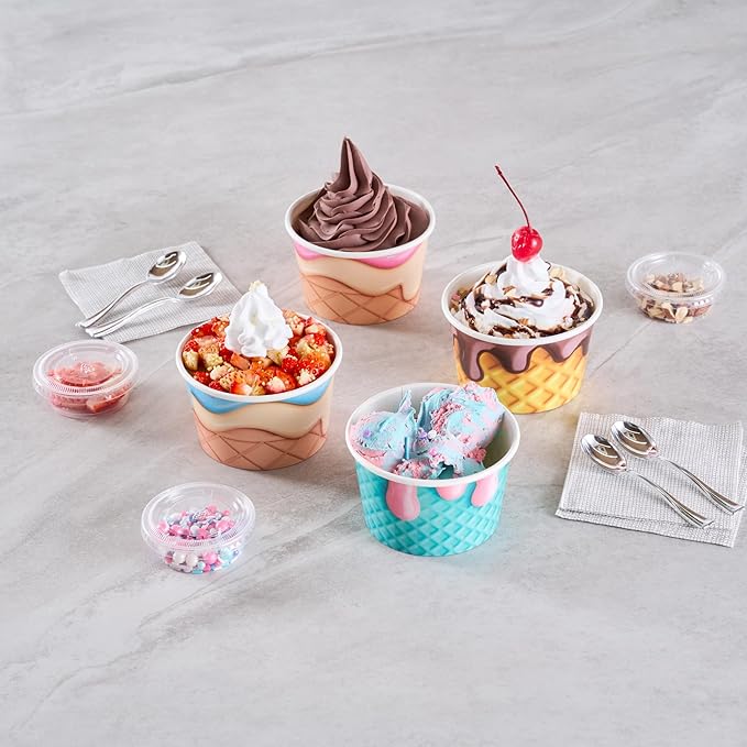 Restaurantware Paper Cups 200 Count 8 Ounce Square Disposable Ice Cream Containers, Leak-Resistant Paper Dessert To Go Cups, Hot And Cold Food, Durable Assorted Cone Design