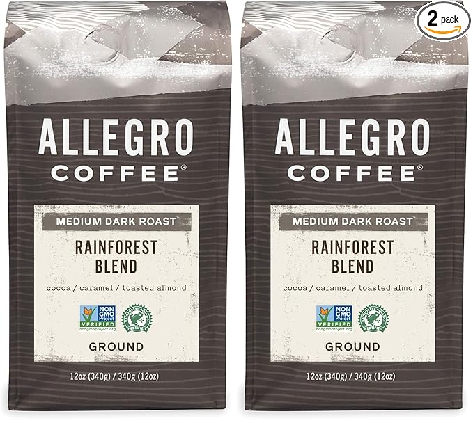 Allegro Coffee Rainforest Blend Ground Coffee, Caramel, 12 oz (Pack of 2)