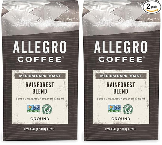Allegro Coffee Rainforest Blend Ground Coffee, Caramel, 12 oz (Pack of 2)