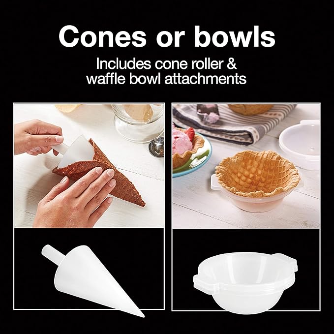 Proctor Silex Waffle Cone and Ice Cream Bowl Maker with Browning Control, Shaper Roller and Cup Press, 7.5” PFAS-Free Nonstick Plates, White (26410MN)
