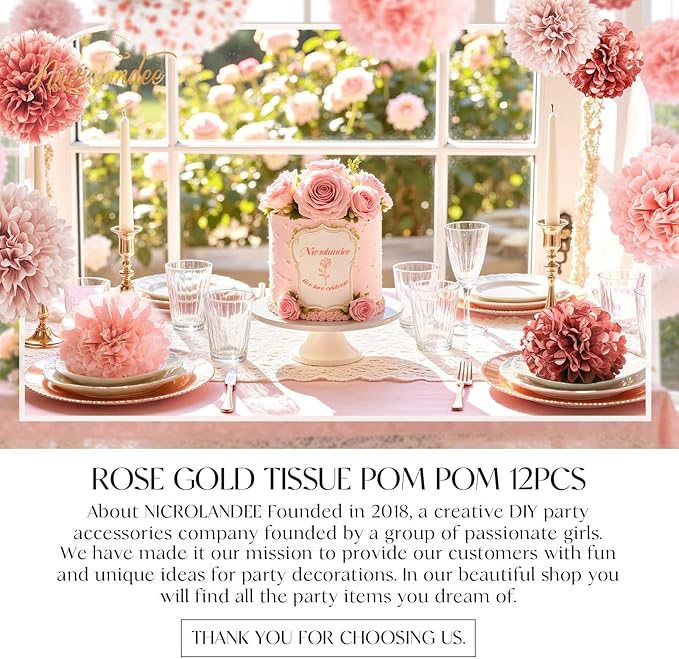 NICROLANDEE Wedding Decorations - 12 PCS Rose Gold Tissue Paper Pom Poms for Engagement Party Wedding Birthday Bridal Shower Bachelorette Baby Shower Ceiling Valentine's Day Party Backdrop Decor