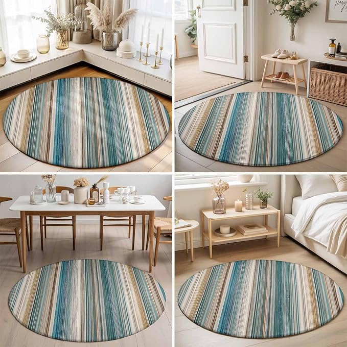 Washable Round Area Rug Minimalist Vertical Stripes Circle Rugs Floor Carpet for Living Room Bedroom, Retro Boho Lines Soft Non Slip Round Rug 3ft
