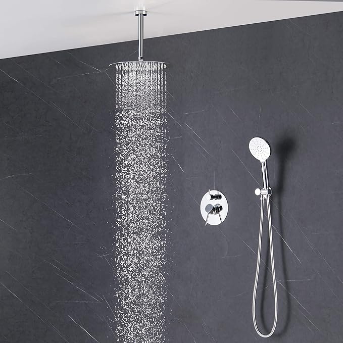 KIBI Circular Ceiling Mounted Shower System with 2-Function Faucet Set | Solid Brass Pressure Balanced Valve | Anti-Scald Design for Reliable Water Temperature Control (Chrome Finish, KSF408)