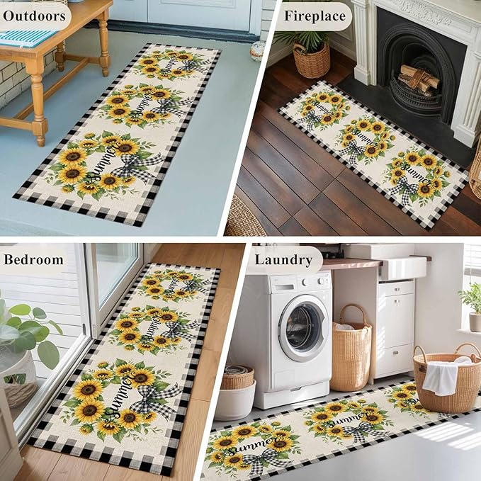 Runner Rug for Bedroom Hallway, Summer Words Farm Sunflowers Kitchen Runner Rugs Area Rug 2x6ft, Butterflies Country Floral Washable Soft Floor Carpet for Entryway Stair