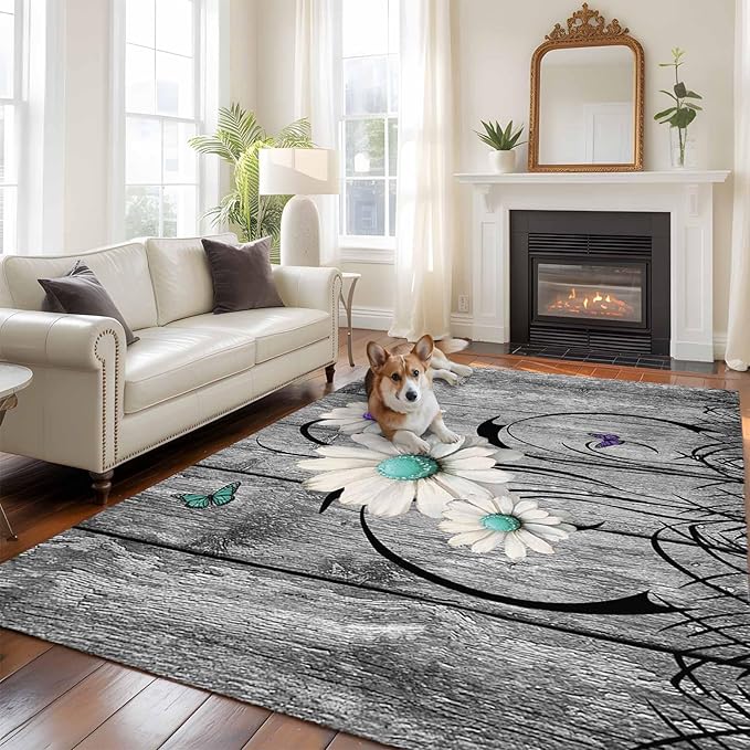 Area Rug 6x9ft, Farm Daisy Shabby Wood Grain Washable Rugs for Living Room Bedroom, Vintage Flower Plant Butterfly Soft Non-Slip Area Rugs Rectangle Floor Carpet for Dining Room