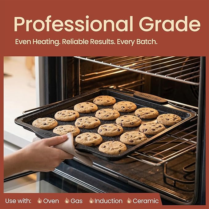 BAKKEN Cookie Sheets for Baking Nonstick Set - 3-Piece Stackable Carbon Steel Baking Sheet Pans Set with Silicone Handles, Non Toxic Cookie Sheets for Baking Bakeware Set - Gray Marble