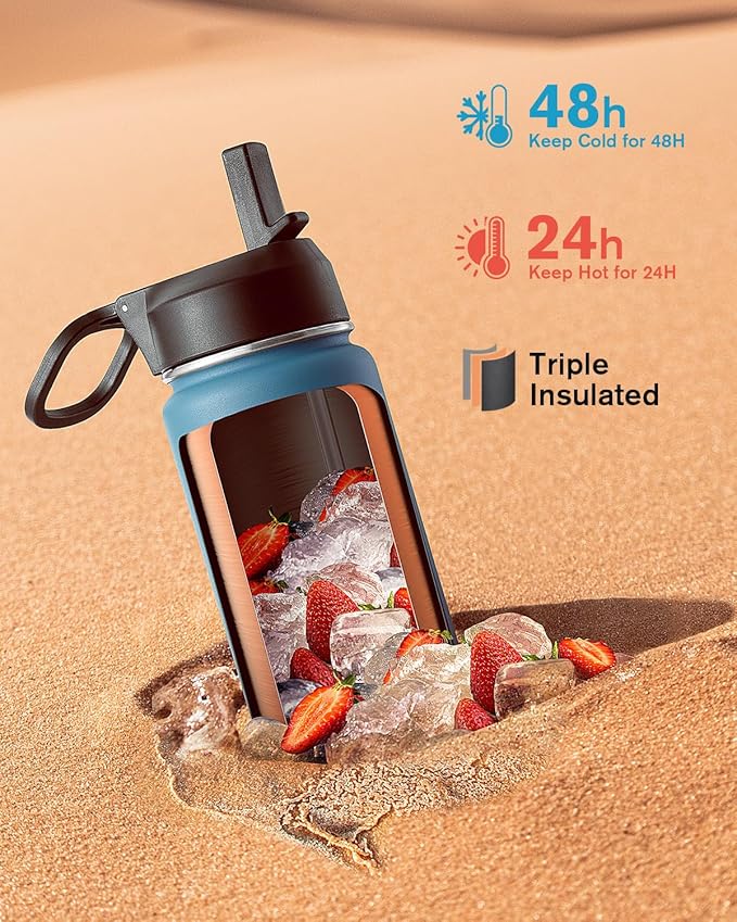 Coolflask Water Bottle 20 oz Insulated with Straw, Stainless Steel Metal 3 Lids Water Flask Wide Mouth for Sports or Office, Non-BPA Keep Cold Up to 48 Hrs or Hot Up to 24 Hrs, Samurai Cyan