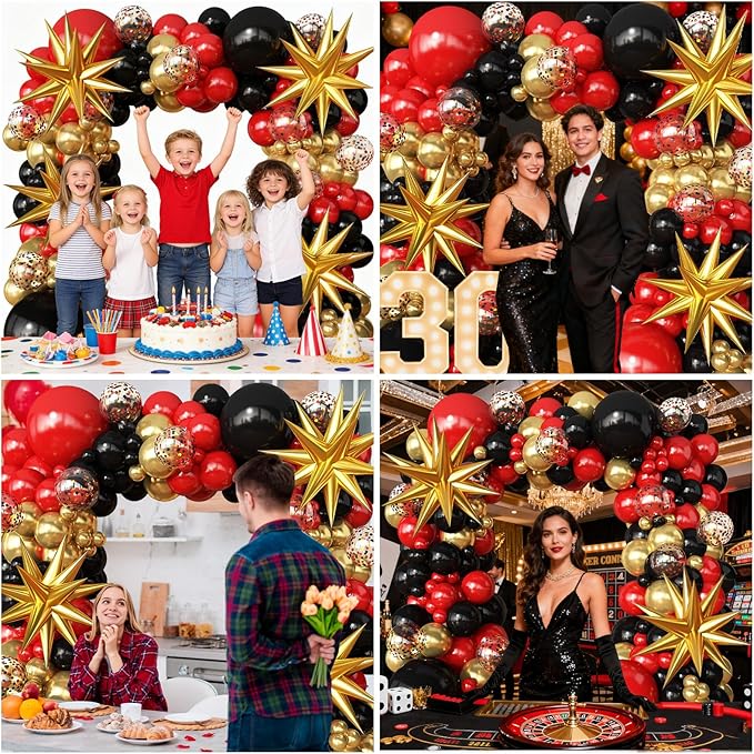 Red Gold Black Balloons Arch Kit Garland for 2026 Graduation Decorations Grad Party Birthday Red Carpet Casino Theme Race Car Birthday Anniversary Party Decorations