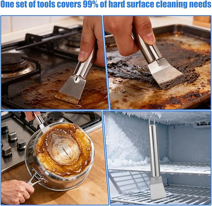 4pcs Multi-Functional Cleaning Tool, Stainless Steel Curved Shovels and Straight Shovels Stove Cleaning Brush & Multi-Functional Brush for Kitchen Bathroom Glass Tiles