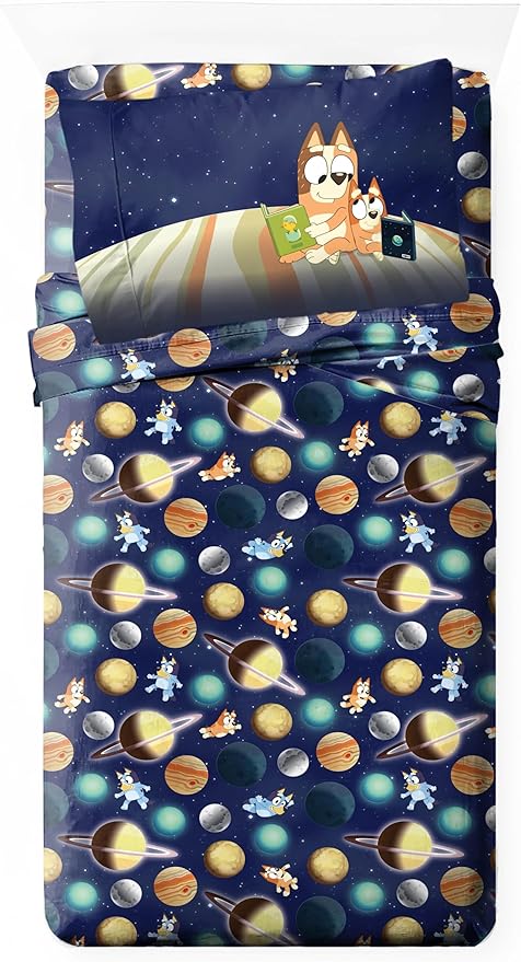 Jay Franco Kids Sheet Set with Fitted, Flat Sheets & Pillow Cover - Ultra-Soft Bedding with Pillowcase for Room Decor, Blue - Bluey & Bingo, 3 Piece Twin