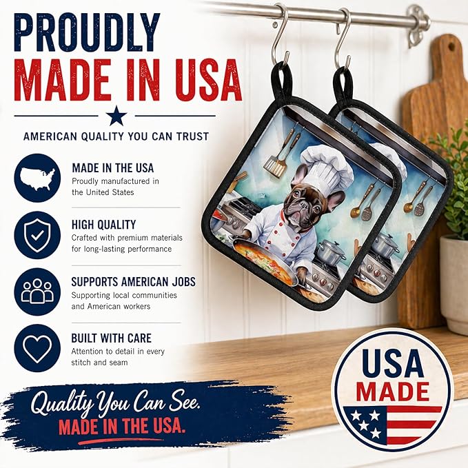 Caroline's Treasures French Bulldog The Chef Pair of Pot Holders Kitchen Heat Resistant Pot Holders Sets Oven Hot Pads for Cooking Baking BBQ, 7 1/2 x 7 1/2