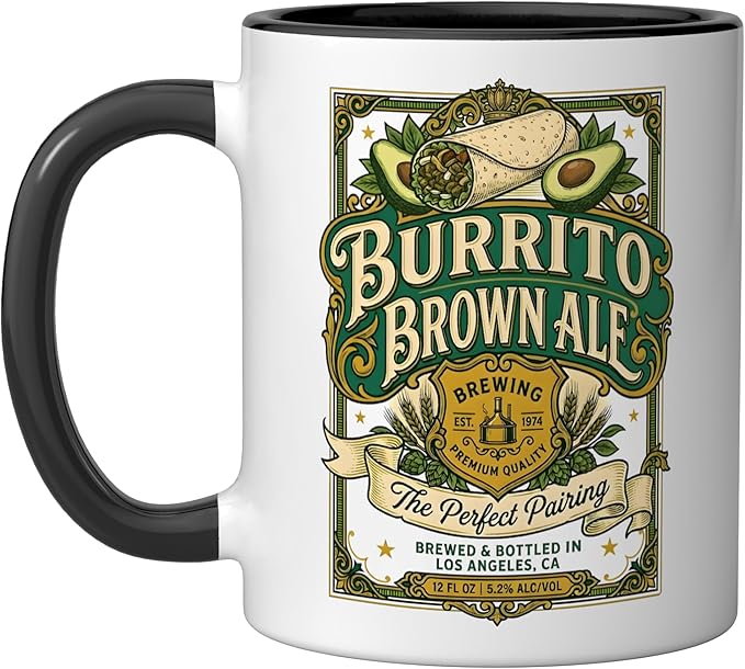 Burrito Brown Ale Mexican Food Retro Funny Beer Label Ceramic Mug, Black/White