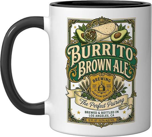 Burrito Brown Ale Mexican Food Retro Funny Beer Label Ceramic Mug, Black/White