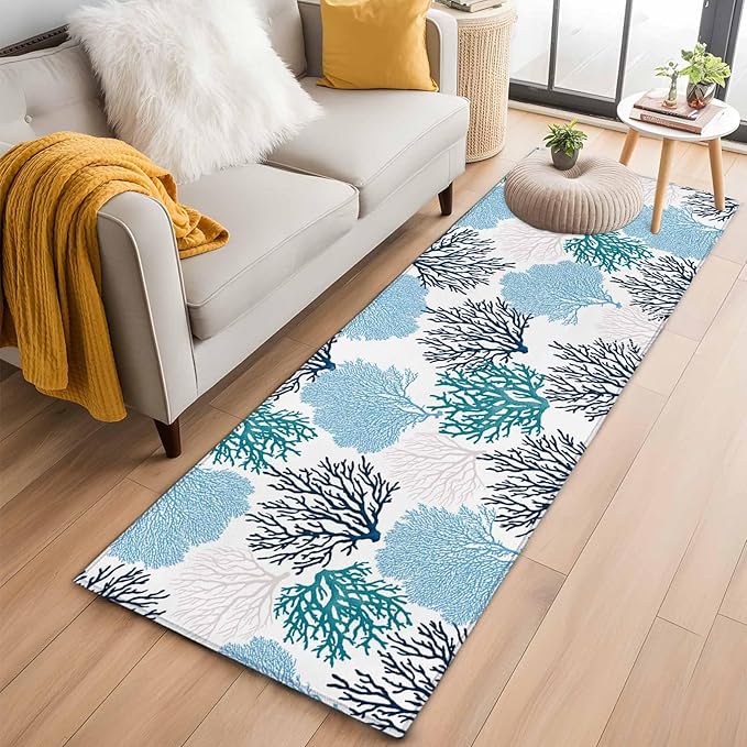 Runner Rug for Bedroom Hallway, Classic Sea Blue Coral Kitchen Runner Rugs Area Rug 2x6ft, Abstract Marine Life Scenery Washable Soft Floor Carpet for Entryway Stair