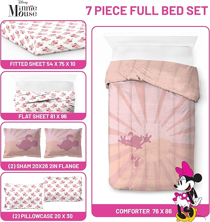 Disney Minnie Mouse Full Size Comforter Set - 7 Piece Bedding Includes Sheet Set & Pillow Covers - Super Soft Cozy Pink Bedding