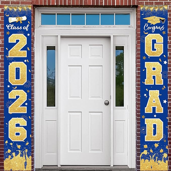 2026 Graduation Party Decorations - Blue Gold Class of 2026 Congrats Grad Porch Sign Banner Hanging Flag Graduation Party Supplies for School College Classroom Decor