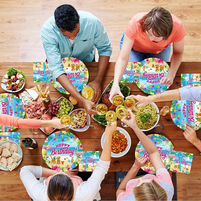 200Pcs Hawaiian Aloha Party Tableware Set, Luau Tropical Birthday Party Decorations Supplies for Summer Beach Pool Retirement Baby Shower Disposable Paper Plates Napkins Forks for 50 Guests