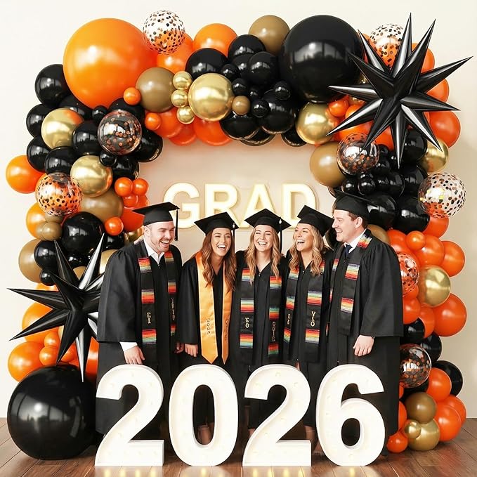Black Orange Arch Kit Garland with Gold Brown Balloons Star Balloons for 2026 Graduation Decorations Boys Birthday Basketball Sport Event Anniversary Party Decorations