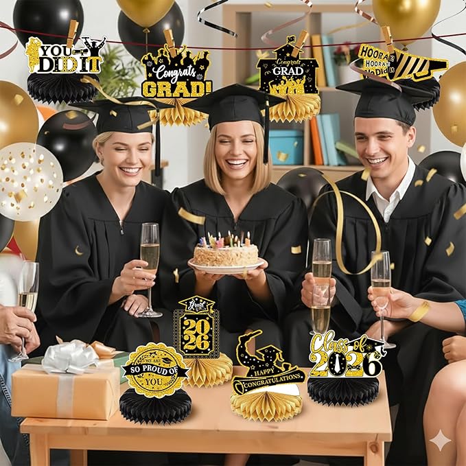 2026 Graduation Party Decorations - 8 Pcs Black Gold Class of 2026 Graduation Party Decor Honeycomb Centerpieces for Tables Congratulate for 2026 Congrats Grad Party Supplies