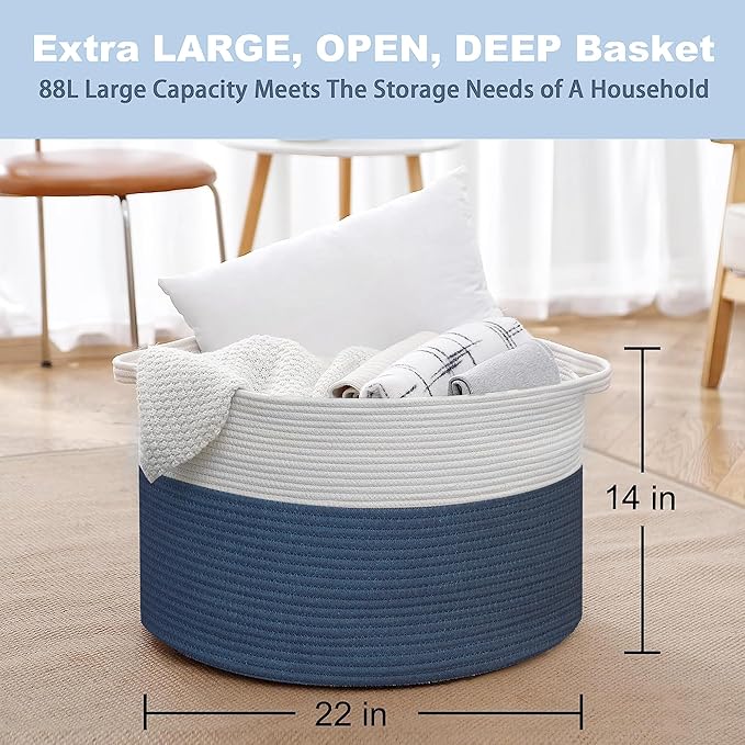MEGASKET Extra Large Rope Basket, XXXL Woven Wicker Storage Basket, Kids Room Toy Storage Organizer and Storage, Dog Toy Stuffed Animal Basket Bins, Kids Room Playroom Organization(22" x 22" x 14")