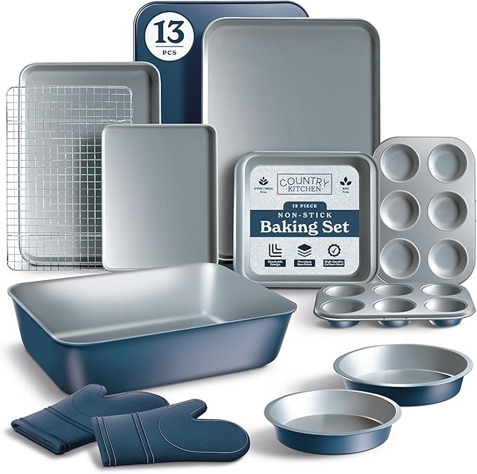 Country Kitchen Nonstick Stackable Bakeware Set - Deluxe Heavy Duty, Durable, Easy Release Baking Set, Denim, 13 Pcs