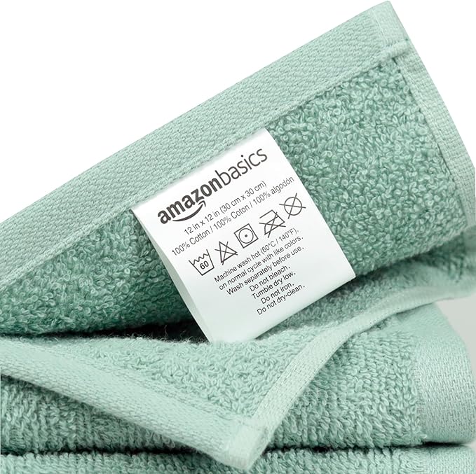 Amazon Basics Highly Absorbent, Soft & Durable 100% Cotton Washcloths for Bathroom, Body and Face, Lightweight, Fast Drying, 12 x 12 inches, Seafoam Green, Ice Blue, White, 24-Pack