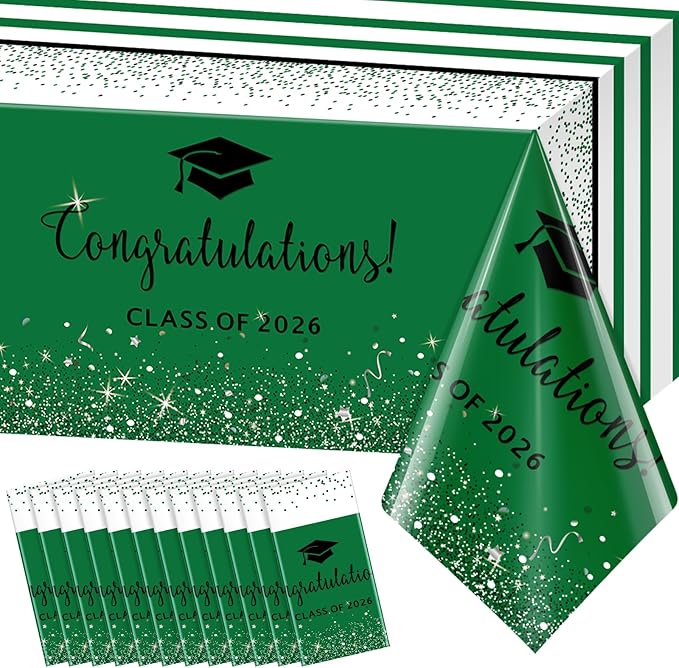 12 Pack Class of 2026 Graduation Tablecloths,Foil Dot Plastic Disposable Rectangle Table Covers for 2026 High School University College Graduation Party Decorations,108*54 Inch (Green and Black)