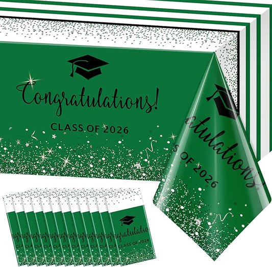 12 Pack Class of 2026 Graduation Tablecloths,Foil Dot Plastic Disposable Rectangle Table Covers for 2026 High School University College Graduation Party Decorations,108*54 Inch (Green and Black)