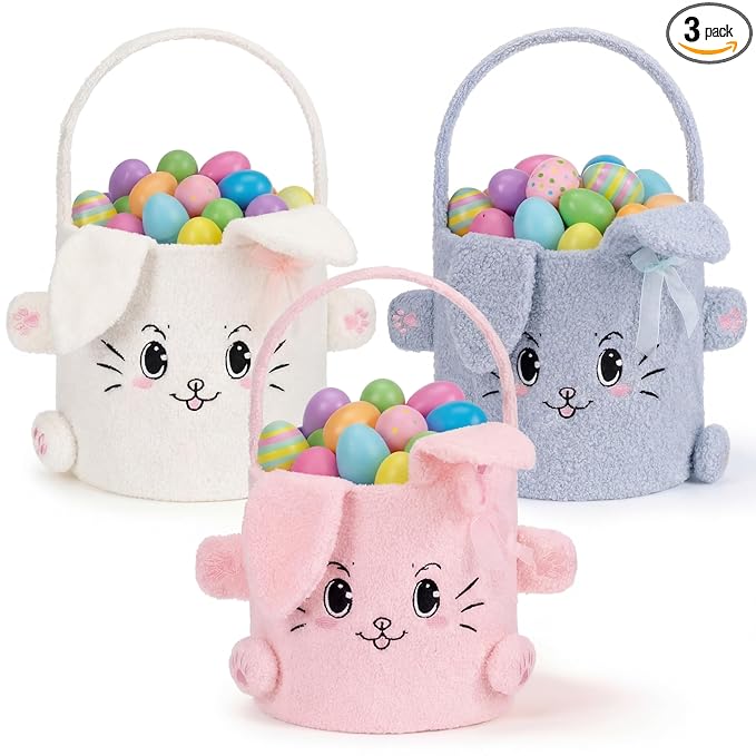 Mimorou 3 Pack Easter Basket Soft Plush Bunny Sherpa Personalized Bucket with Rabbit Ears Decorative Bow Large Bunny Tote Bags Ideal for Egg Hunt, Party Favors(White Pink and Blue)