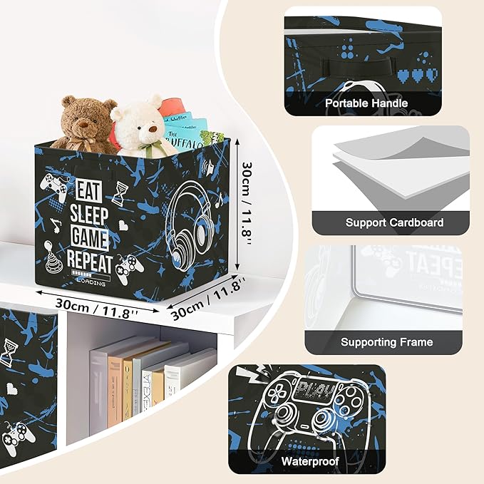 Clastyle 3 Pack 11.8'' Fabric Gamer Storage Basket for Shelves Collapsible Closet Organizers with Metal Frame Bottom Board Large Gamepad Clothes Toy Book Cube Bin for Playroom Bedroom,Blue Black