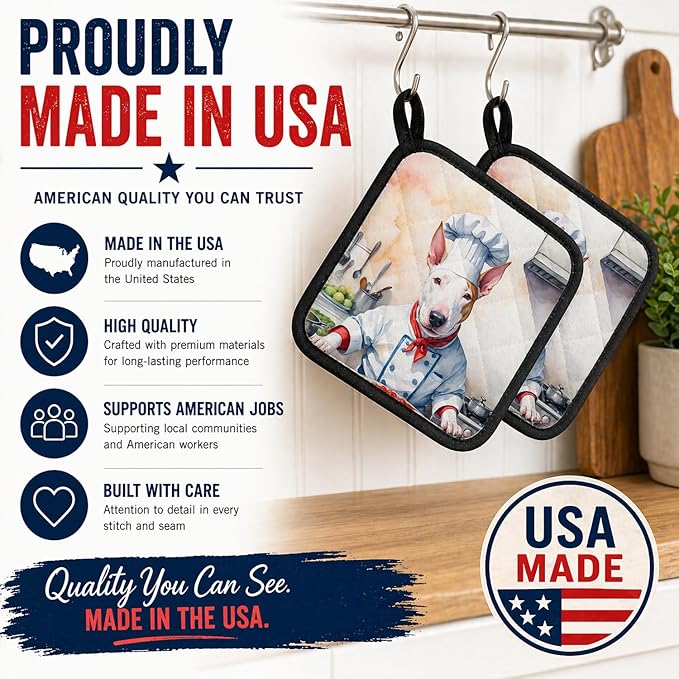 Caroline's Treasures Bull Terrier The Chef Pair of Pot Holders Kitchen Heat Resistant Pot Holders Sets Oven Hot Pads for Cooking Baking BBQ, 7 1/2 x 7 1/2