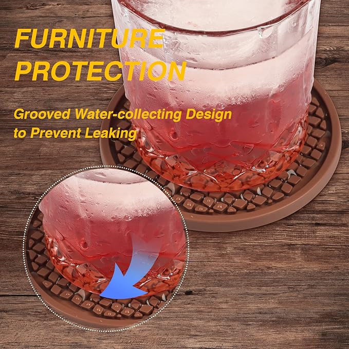 Silicone Coasters for Drinks, Non‑Slip Spill‑Proof Heat Resistant Coasters Set of 4, Reusable Washable Table Protection for Home Decor Kitchen Office, Bar(4Pack,Brown)