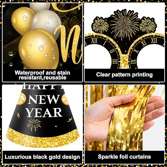 59PCS Happy New Year Party Supplies 2026-New Year Decorations 2026 with Happy New Year 2026 Banner Balloon Paper Glasses Cone Hat Fringe Curtains for Black Gold Happy New Years 2026 Decorations